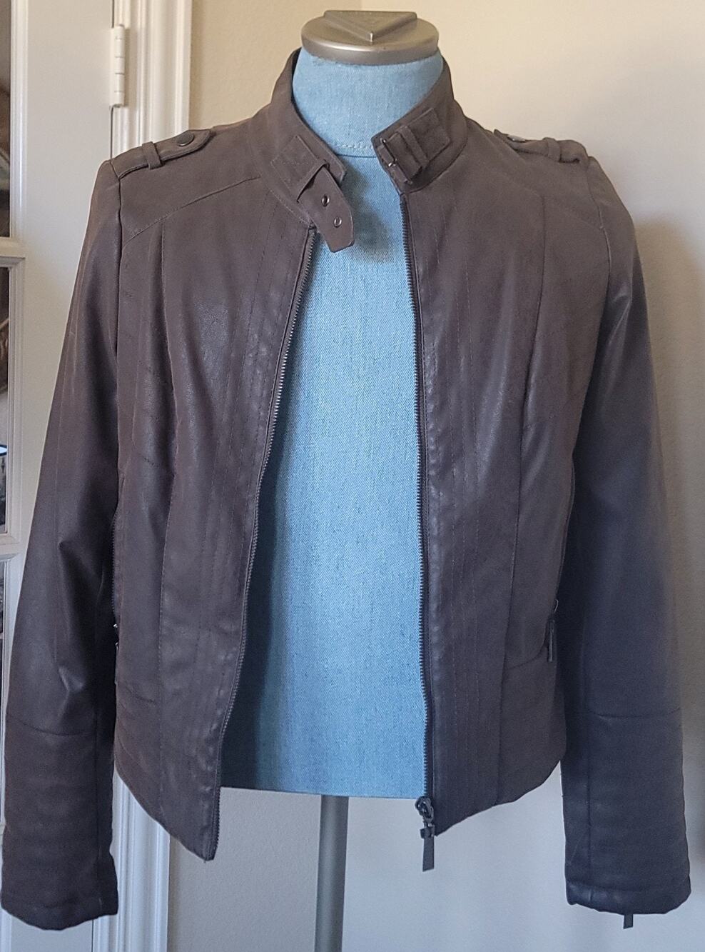 L2 Women's Brown Faux Leather Long Sleeve Full-Zip Motorcycle Jacket Sz Large